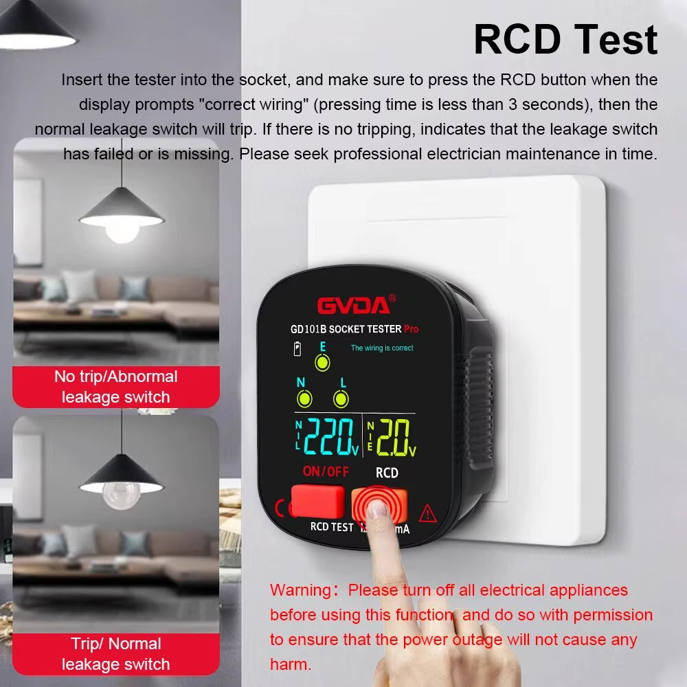 Socket Tester Pro Voltage Test Digital Outlet Socket Detecter EU Plug Ground Zero Line Plug Polarity Phase Checking GD101B