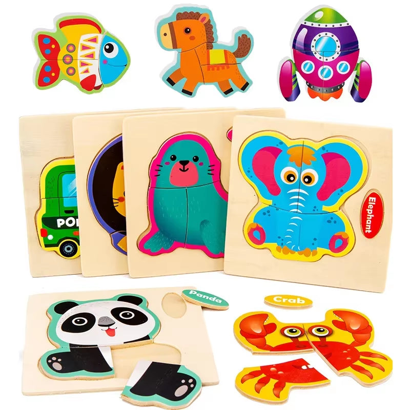 3D Wooden Puzzle Jigsaw Toys for Children Wood 3D Cartoon Animal Puzzles Intelligence Kids Early Educational Toys for Children