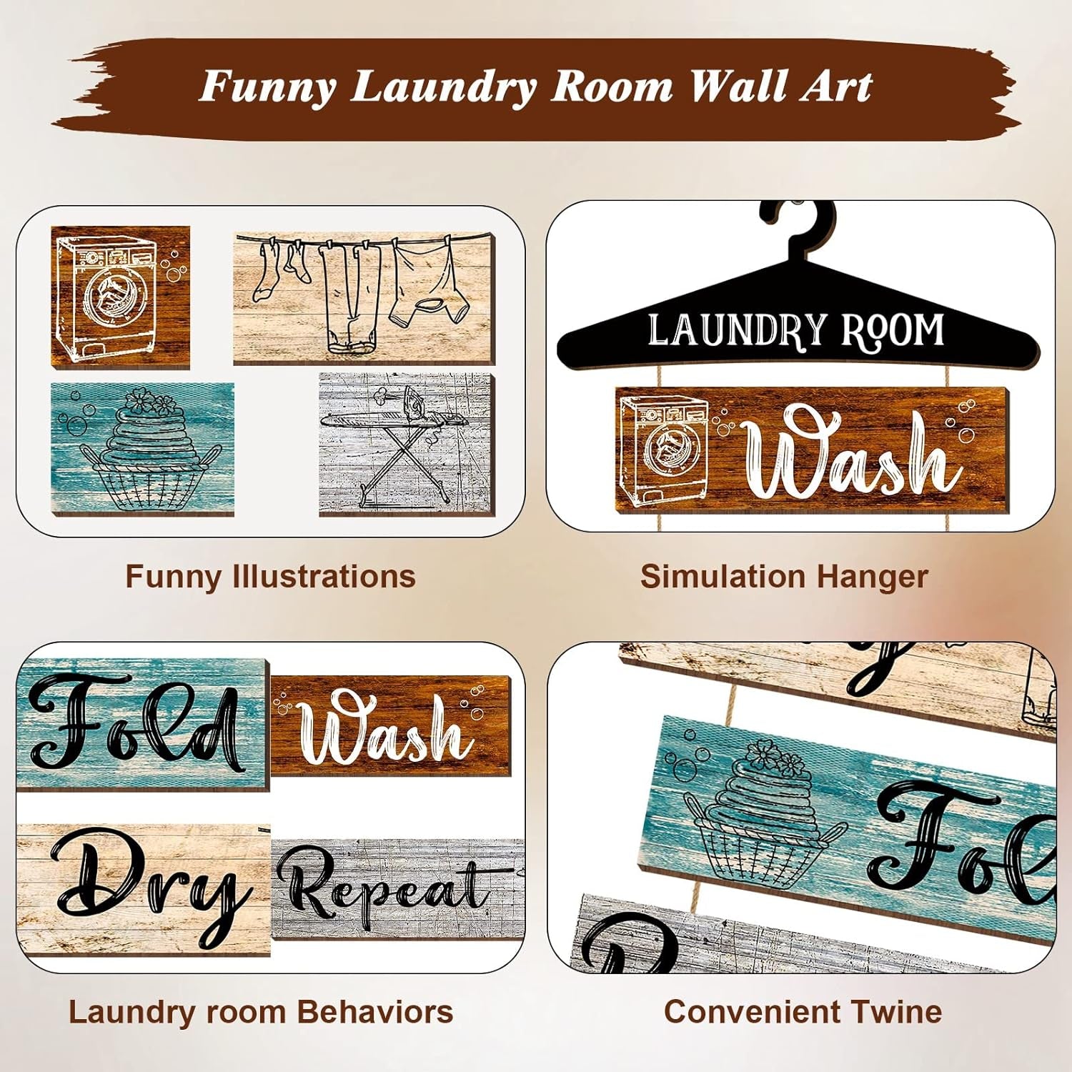 5 Pieces Laundry Room Decor Rustic Vintage Farmhouse Room Rules Hanging Sign Wooden Wash Dry Fold Repeat Laundry Accessories for Bathroom,Home 19.7 X 11 Inch(Multicolored Backing)