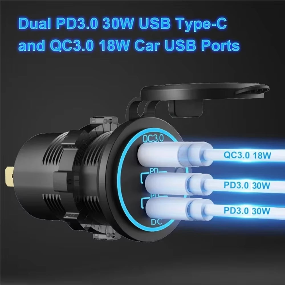 78W Dual PD QC3.0 Car Charger Socket Accessory Waterproof Quick Charge 3.0 Socket Power Outlet for 12V/24V Motorcycle Truck Boat