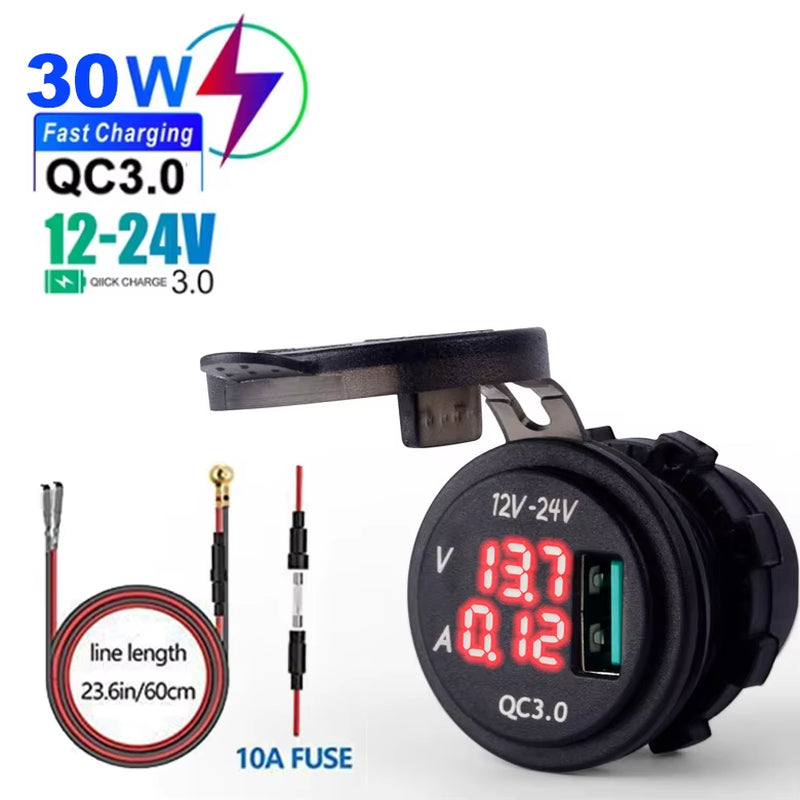 QC3.0 Car Charger Socket with Voltmeter Ammeter 12V/24V Waterproof Quick Charge Power Outlet Socket for Motorcycle Marine Boat