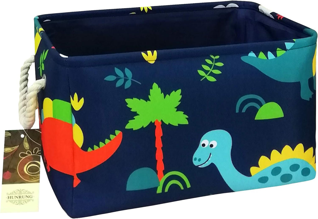 Rectangle Storage Basket Cute Canvas Organizer Bin for Pet/Children Toys, Books, Clothes Perfect for Rooms/Playroom(Rec-Thick-Blue Forest Dinosaur XL)