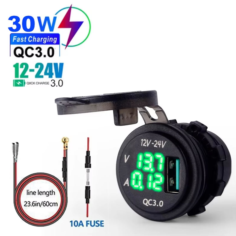 QC3.0 Car Charger Socket with Voltmeter Ammeter 12V/24V Waterproof Quick Charge Power Outlet Socket for Motorcycle Marine Boat