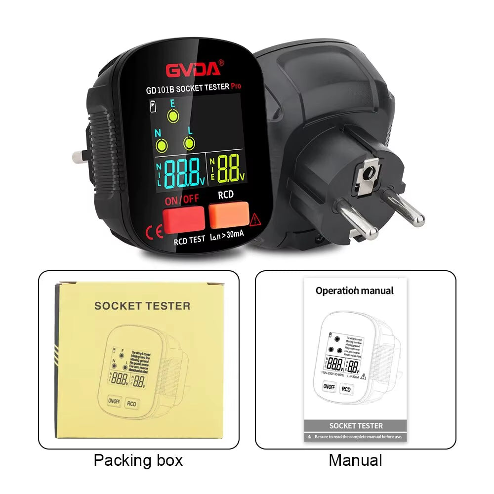 Socket Tester Pro Voltage Test Digital Outlet Socket Detecter EU Plug Ground Zero Line Plug Polarity Phase Checking GD101B