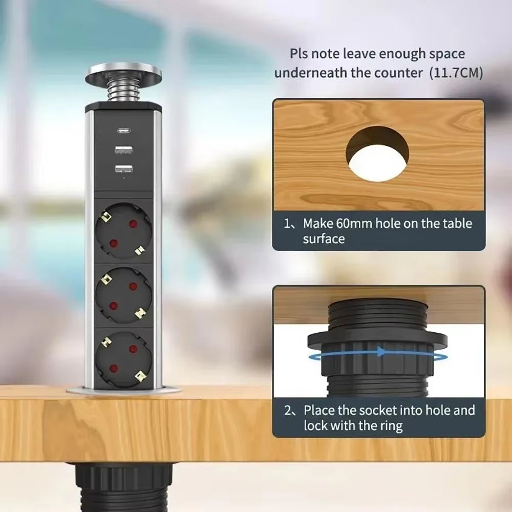 Table Socket Pop up Pull Power Point USB Type-C Charge Tabletop EU Electrical Plug Outlet Hidden for Office Kitchen Home