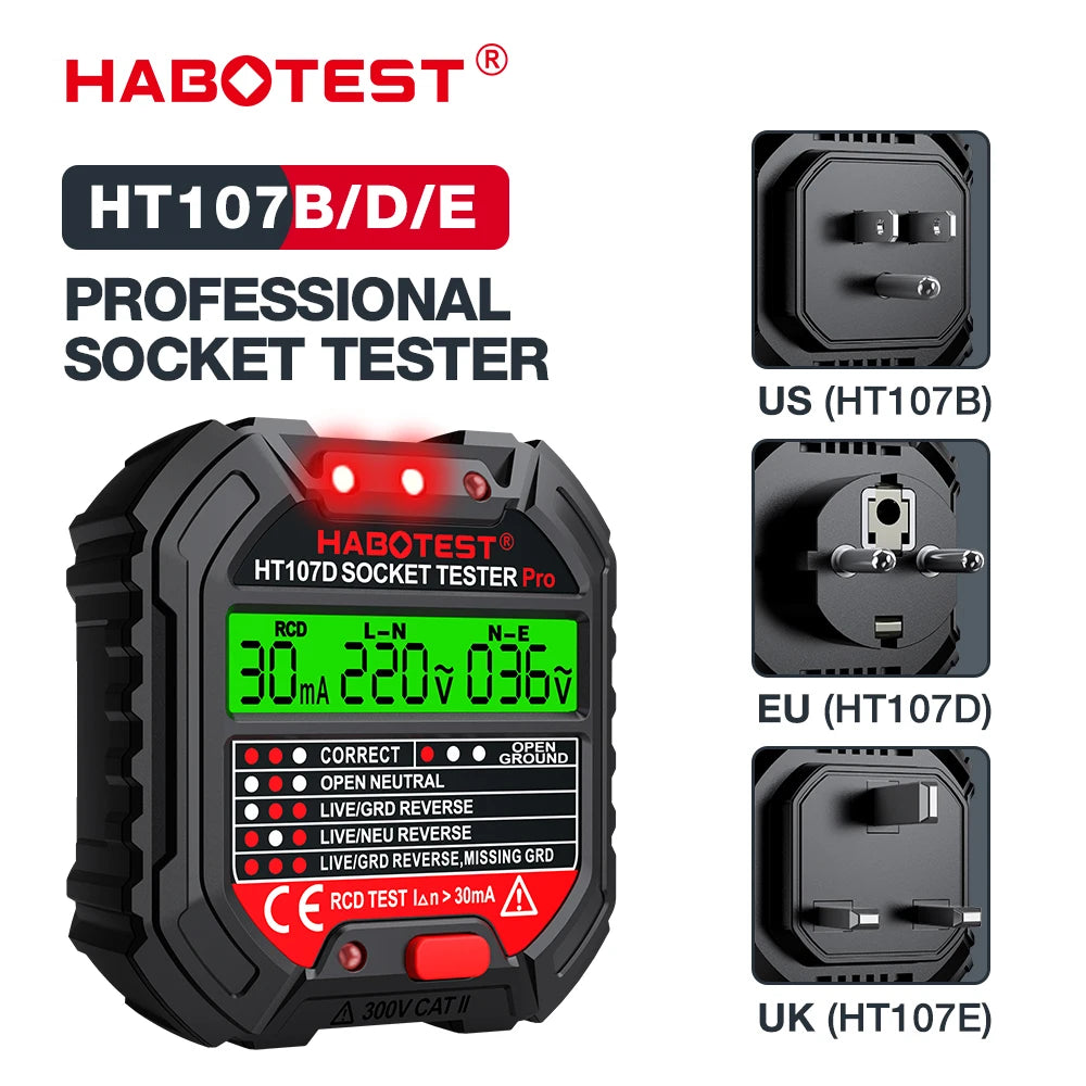 HT107 Pro Socket Tester Voltage Digital Outlet Test Socket Detector EU Plug Ground Zero Line Plug Polarity Phase Check