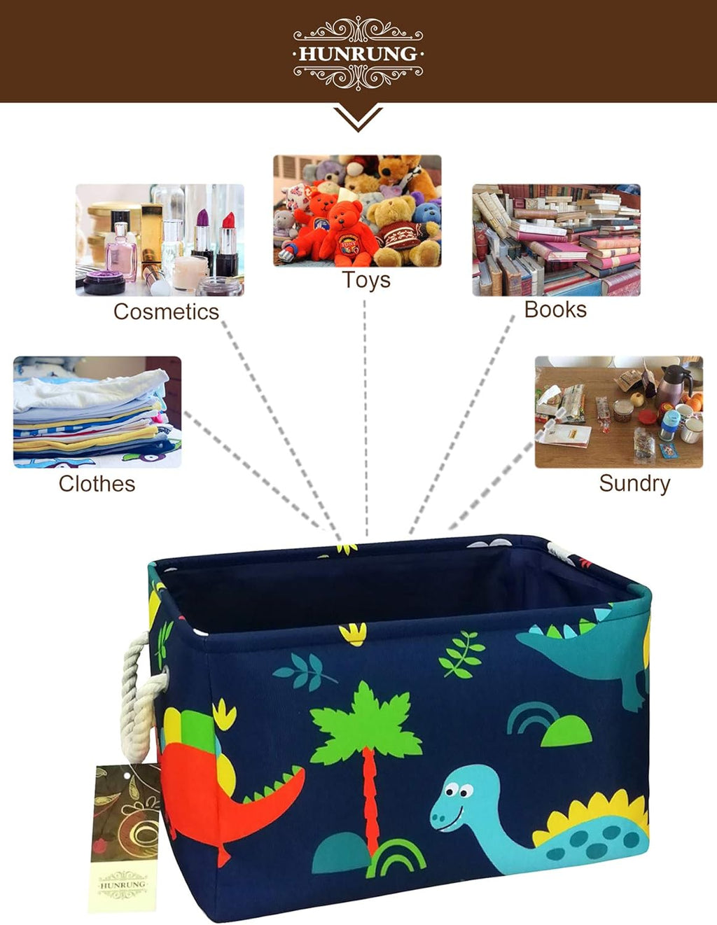 Rectangle Storage Basket Cute Canvas Organizer Bin for Pet/Children Toys, Books, Clothes Perfect for Rooms/Playroom(Rec-Thick-Blue Forest Dinosaur XL)