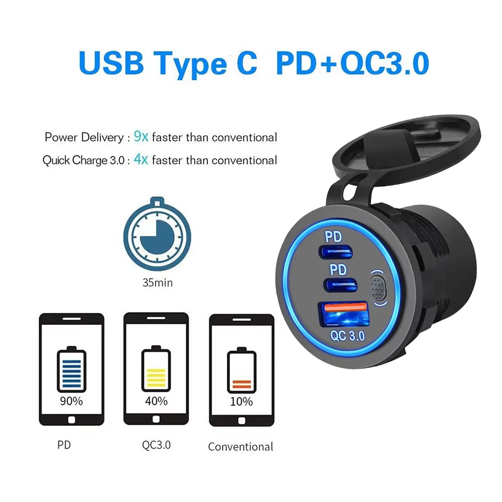 78W Dual PD QC3.0 Car Charger Socket Accessory Waterproof Quick Charge 3.0 Socket Power Outlet for 12V/24V Motorcycle Truck Boat