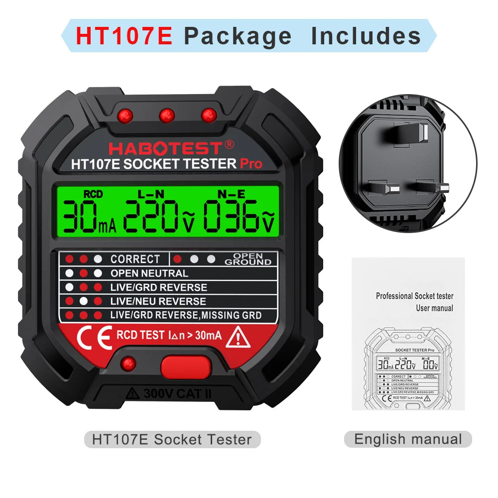 HT107 Pro Socket Tester Voltage Digital Outlet Test Socket Detector EU Plug Ground Zero Line Plug Polarity Phase Check