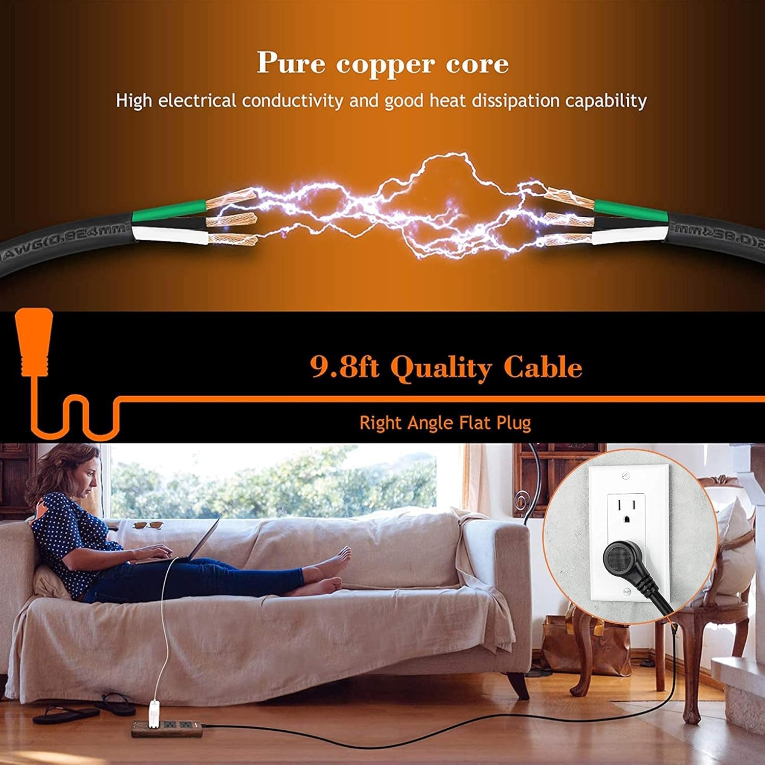 10Ft Extension Cord with USB Ports,  Flat Plug Brown Power Strip Surge Protector 3 Widely Spaced Outlets, Electrical Outlet Extender, Desktop Charging Station, Walnut Wood Grain