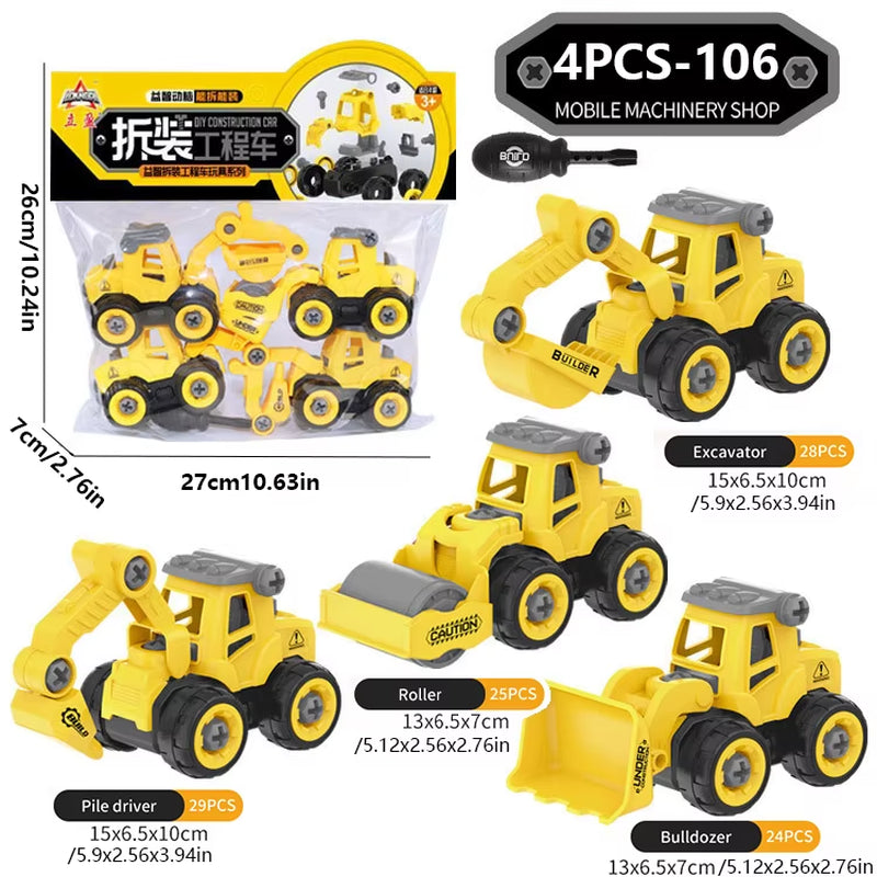 4/8PCS Engineering Vehicle Toys Construction Excavator Tractor Bulldozer Models Kids Toy Car DIY Detachable Game Boys Toys Gifts