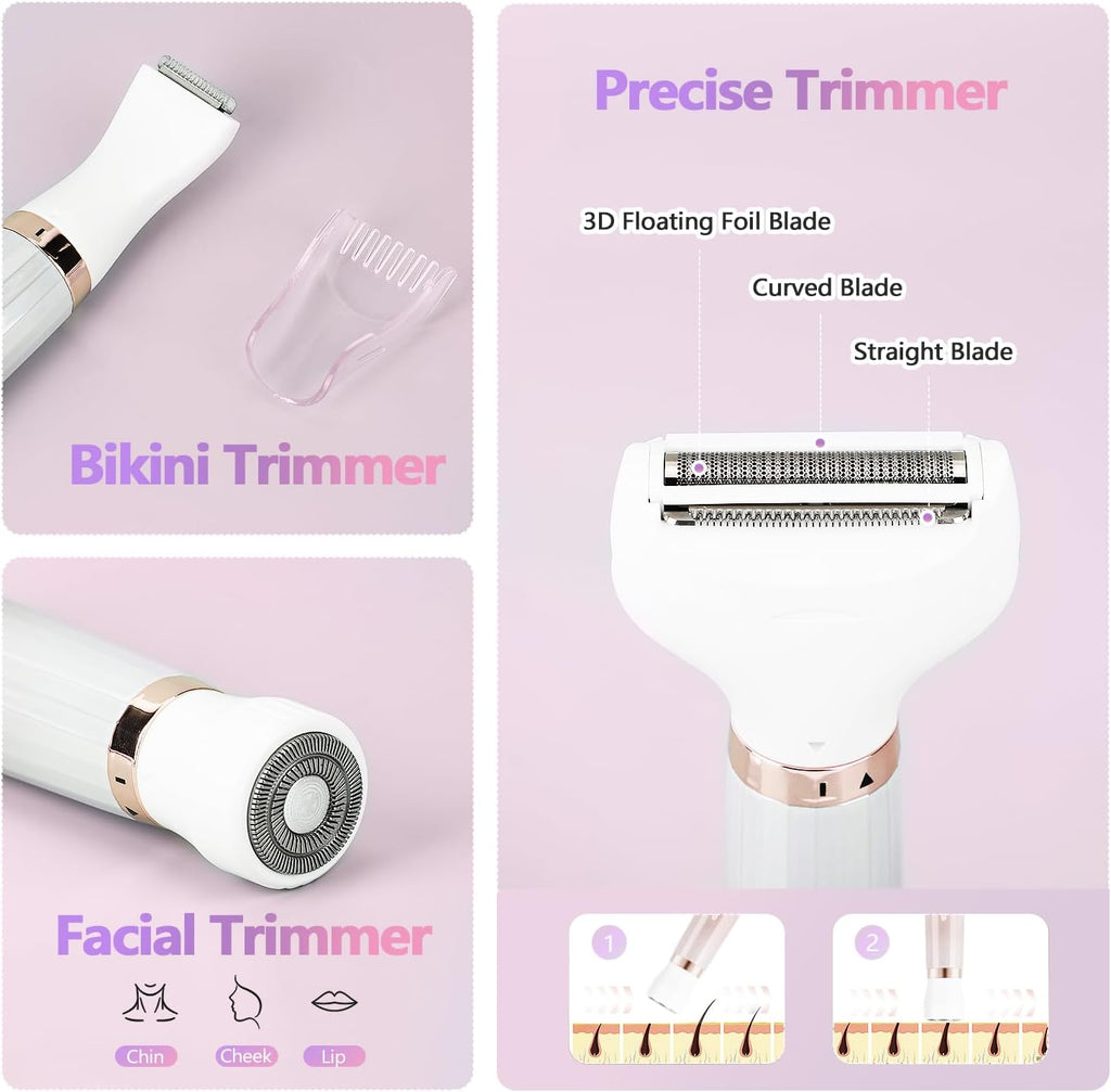 Electric Razors Shavers for Women, Bikini Trimmer 5 in 1 Lady Electric Shaver Razor Wet/Dry Face Razors for Face Nose Eyebrow Arms Armpit Legs Pubic Hair Area Painless Facial Hair Removal for Women