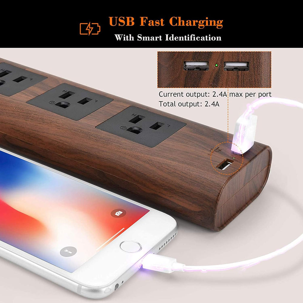 10Ft Extension Cord with USB Ports,  Flat Plug Brown Power Strip Surge Protector 3 Widely Spaced Outlets, Electrical Outlet Extender, Desktop Charging Station, Walnut Wood Grain