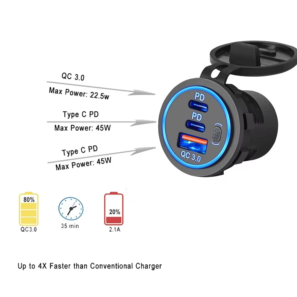 78W Dual PD QC3.0 Car Charger Socket Accessory Waterproof Quick Charge 3.0 Socket Power Outlet for 12V/24V Motorcycle Truck Boat