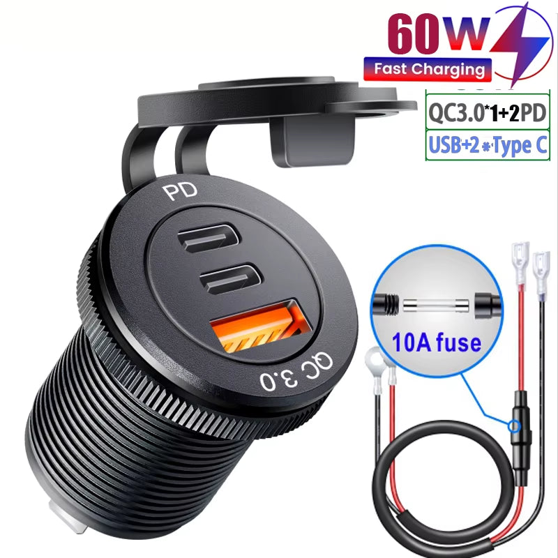 Usb Socket in the Car Quick Charge PD 3.0 Car Charger 60W Outlet Socket for 12V 24V Motorcycle Boat Marine Truck ATV
