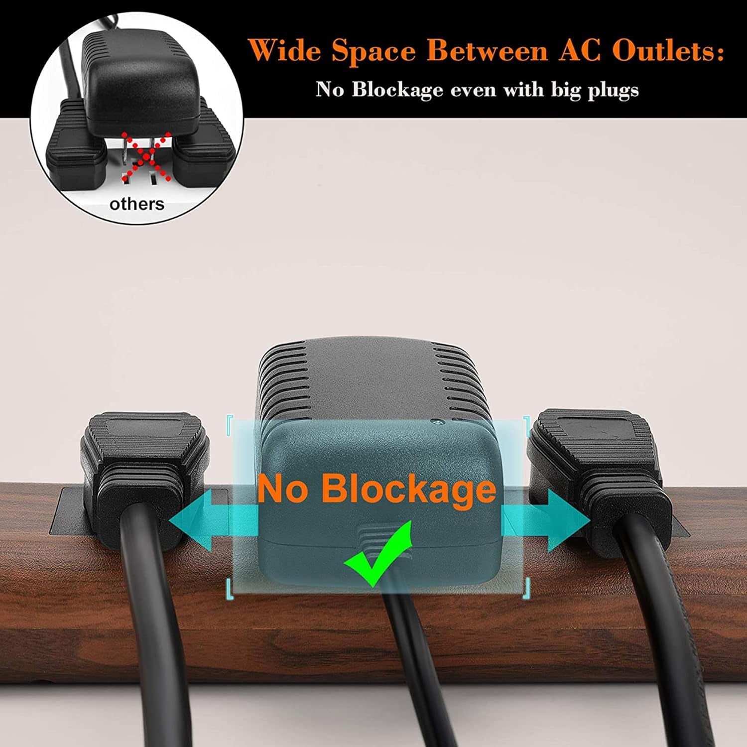 10Ft Extension Cord with USB Ports,  Flat Plug Brown Power Strip Surge Protector 3 Widely Spaced Outlets, Electrical Outlet Extender, Desktop Charging Station, Walnut Wood Grain