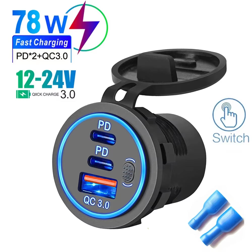 78W Dual PD QC3.0 Car Charger Socket Accessory Waterproof Quick Charge 3.0 Socket Power Outlet for 12V/24V Motorcycle Truck Boat