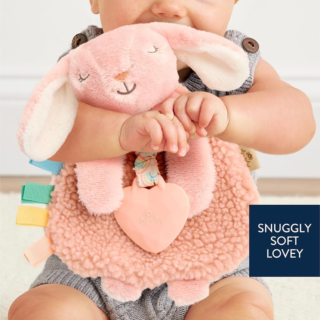 - Itzy Lovey Including Teether - Baby Lovey with Teether, Textured Ribbons & Dangle Arms - Features Crinkle Sound, Sherpa Fabric and Minky Plush (Pink Bunny)