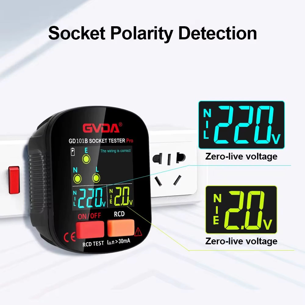 Socket Tester Pro Voltage Test Digital Outlet Socket Detecter EU Plug Ground Zero Line Plug Polarity Phase Checking GD101B