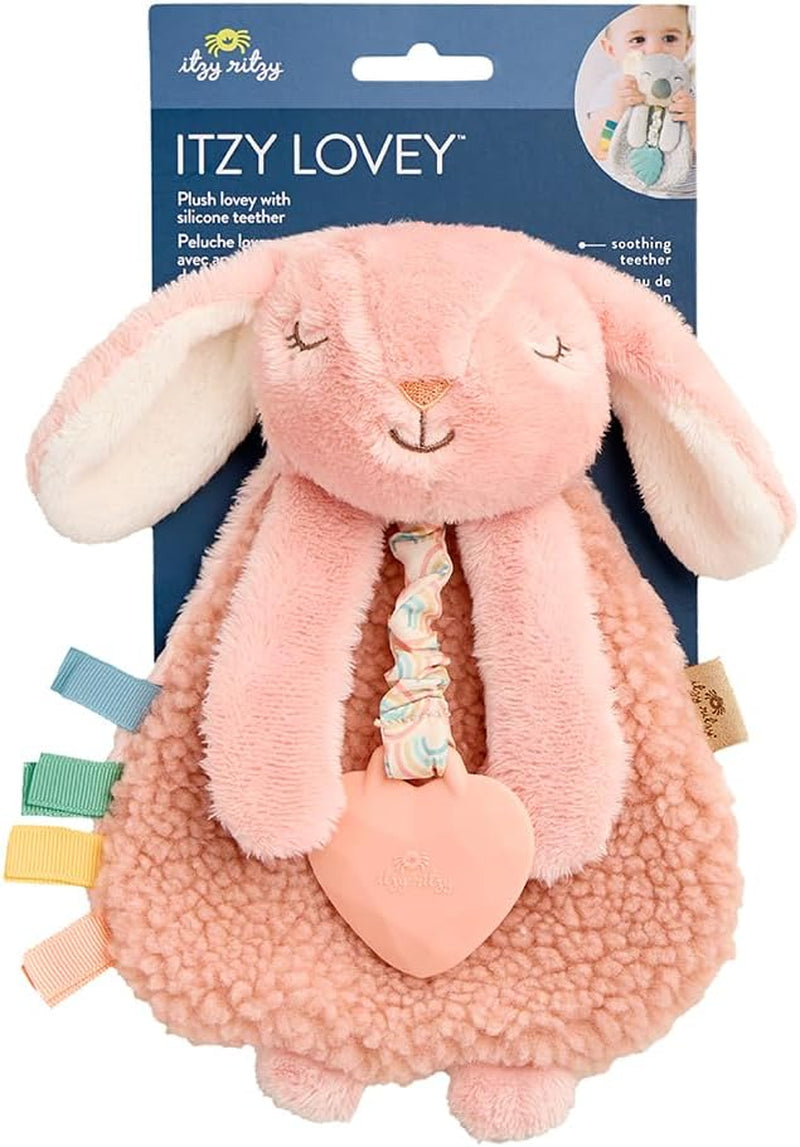 - Itzy Lovey Including Teether - Baby Lovey with Teether, Textured Ribbons & Dangle Arms - Features Crinkle Sound, Sherpa Fabric and Minky Plush (Pink Bunny)