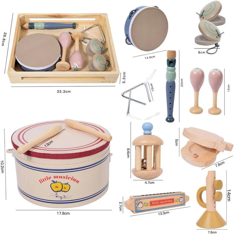 Kids Wooden Music Instruments Set Toys Montessori Sensory Toys Sand Drum Hammer Instrument Percussion Preschool Educational Toys
