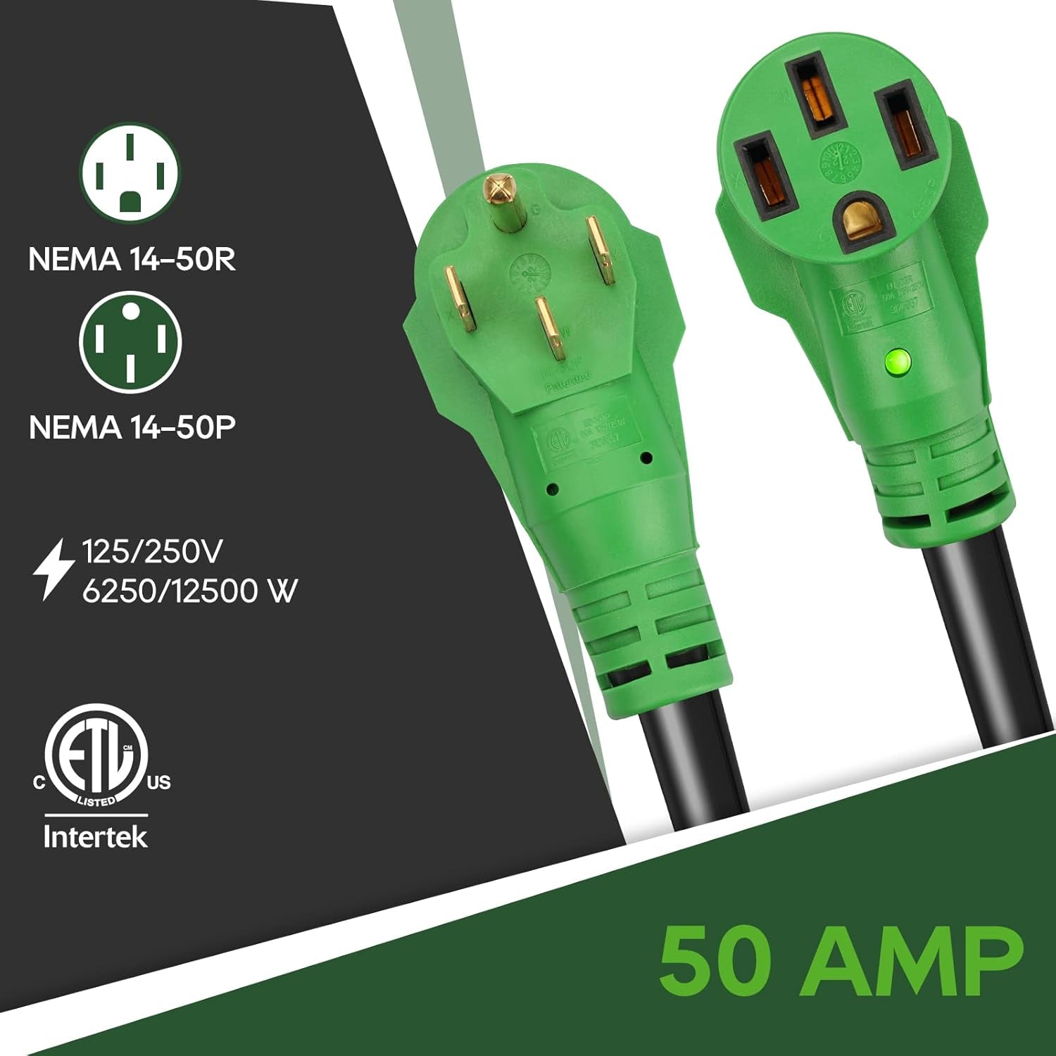 50 Amp 50 Foot RV/EV Extension Cord, NEMA 14-50P/R Heavy Duty Extension Cord with LED Power Indicator and Cord Organizer, Green, ETL Listed