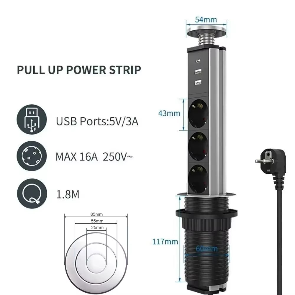 Table Socket Pop up Pull Power Point USB Type-C Charge Tabletop EU Electrical Plug Outlet Hidden for Office Kitchen Home