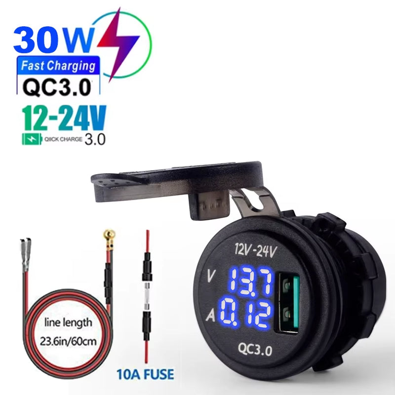 QC3.0 Car Charger Socket with Voltmeter Ammeter 12V/24V Waterproof Quick Charge Power Outlet Socket for Motorcycle Marine Boat