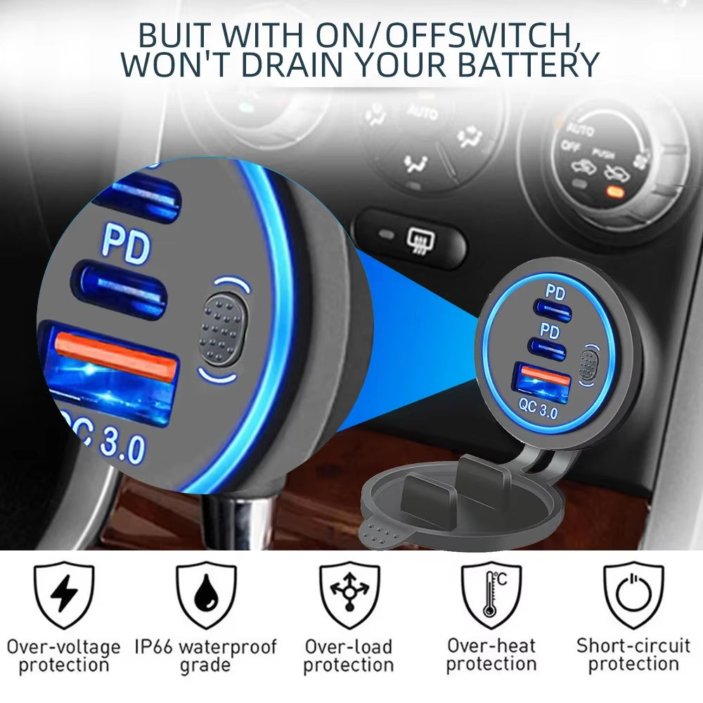 78W Dual PD QC3.0 Car Charger Socket Accessory Waterproof Quick Charge 3.0 Socket Power Outlet for 12V/24V Motorcycle Truck Boat