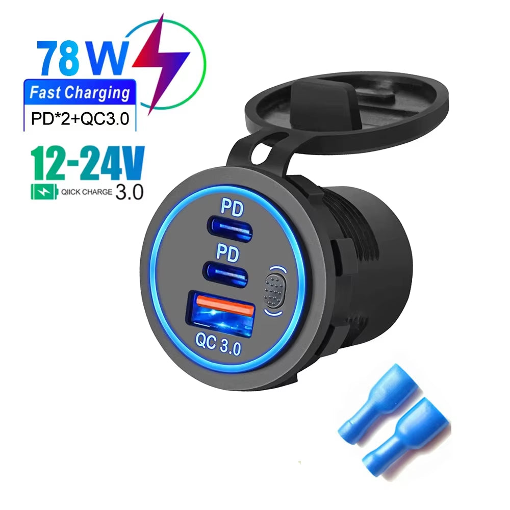 78W Dual PD QC3.0 Car Charger Socket Accessory Waterproof Quick Charge 3.0 Socket Power Outlet for 12V/24V Motorcycle Truck Boat