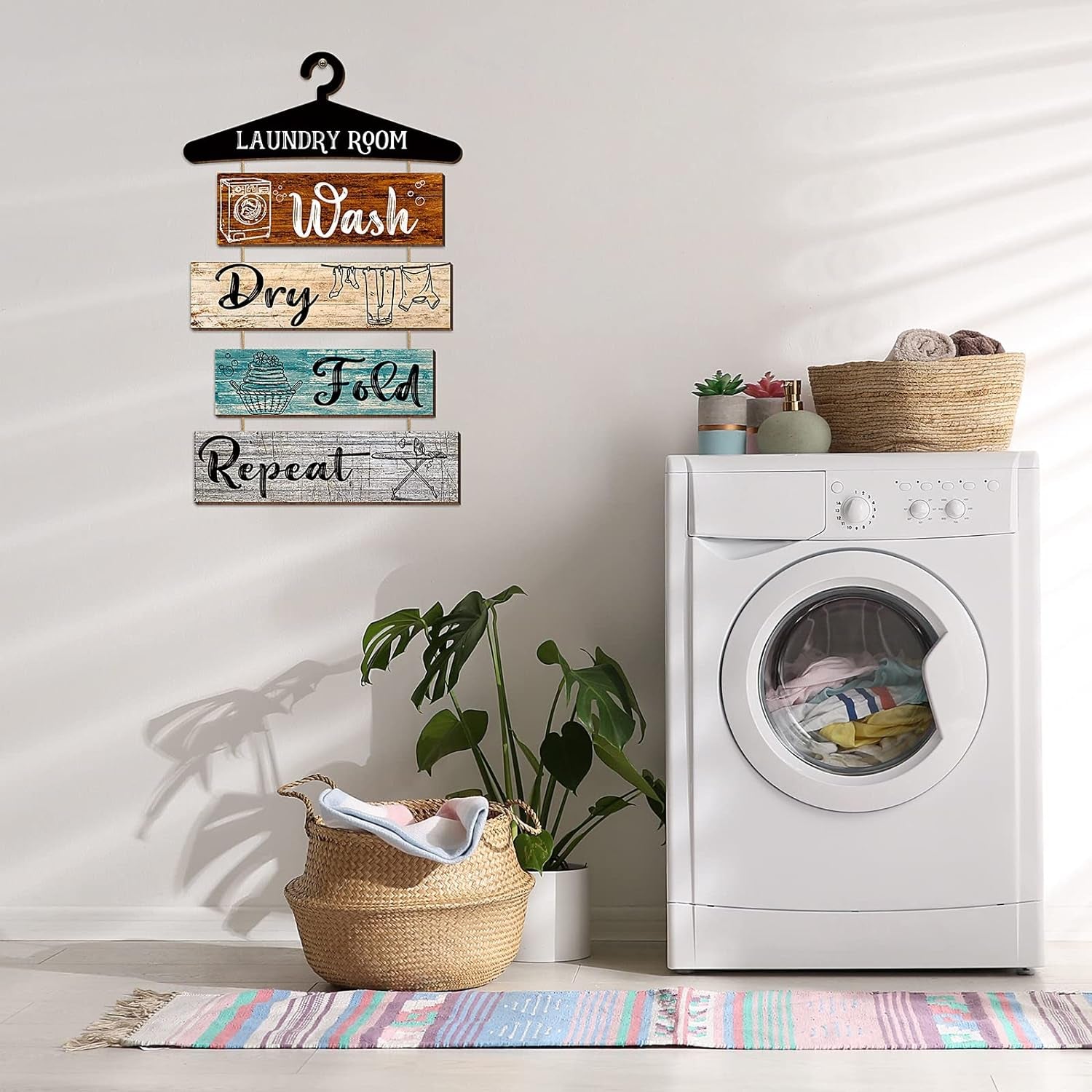 5 Pieces Laundry Room Decor Rustic Vintage Farmhouse Room Rules Hanging Sign Wooden Wash Dry Fold Repeat Laundry Accessories for Bathroom,Home 19.7 X 11 Inch(Multicolored Backing)