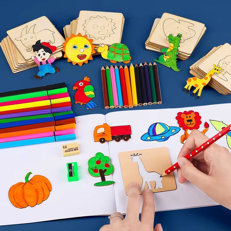 Kids Montessori Toys Drawing Toys Wooden DIY Painting Template Stencils Learning Educational Toys for Children Christmas Gift
