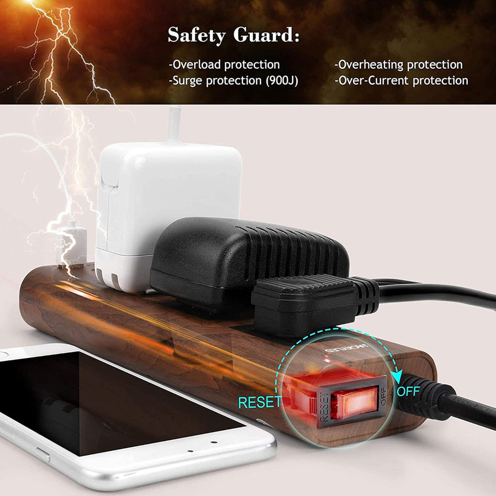 10Ft Extension Cord with USB Ports,  Flat Plug Brown Power Strip Surge Protector 3 Widely Spaced Outlets, Electrical Outlet Extender, Desktop Charging Station, Walnut Wood Grain