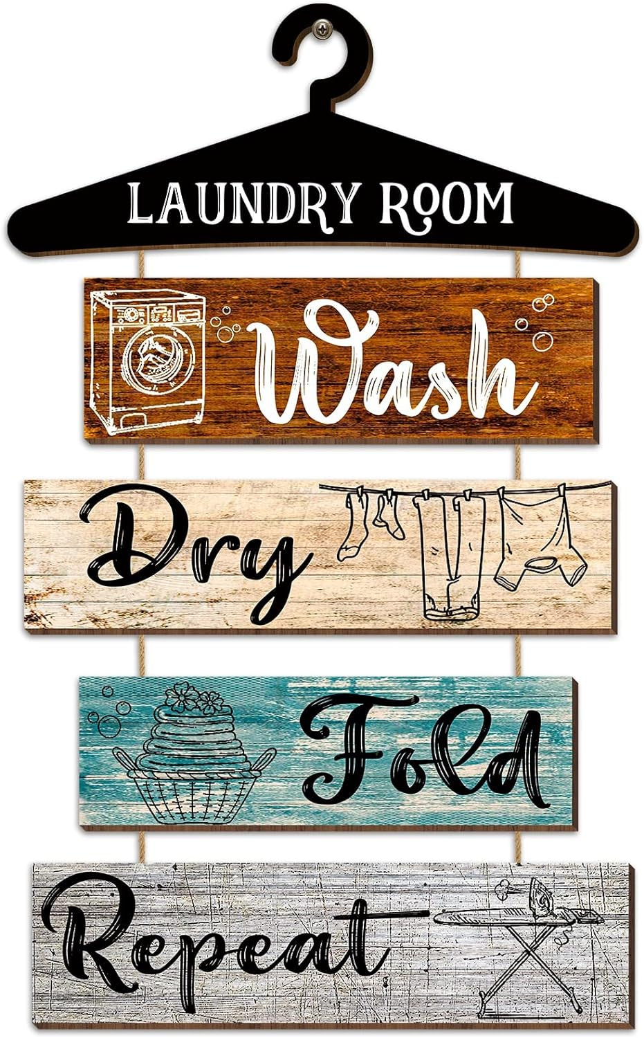 5 Pieces Laundry Room Decor Rustic Vintage Farmhouse Room Rules Hanging Sign Wooden Wash Dry Fold Repeat Laundry Accessories for Bathroom,Home 19.7 X 11 Inch(Multicolored Backing)