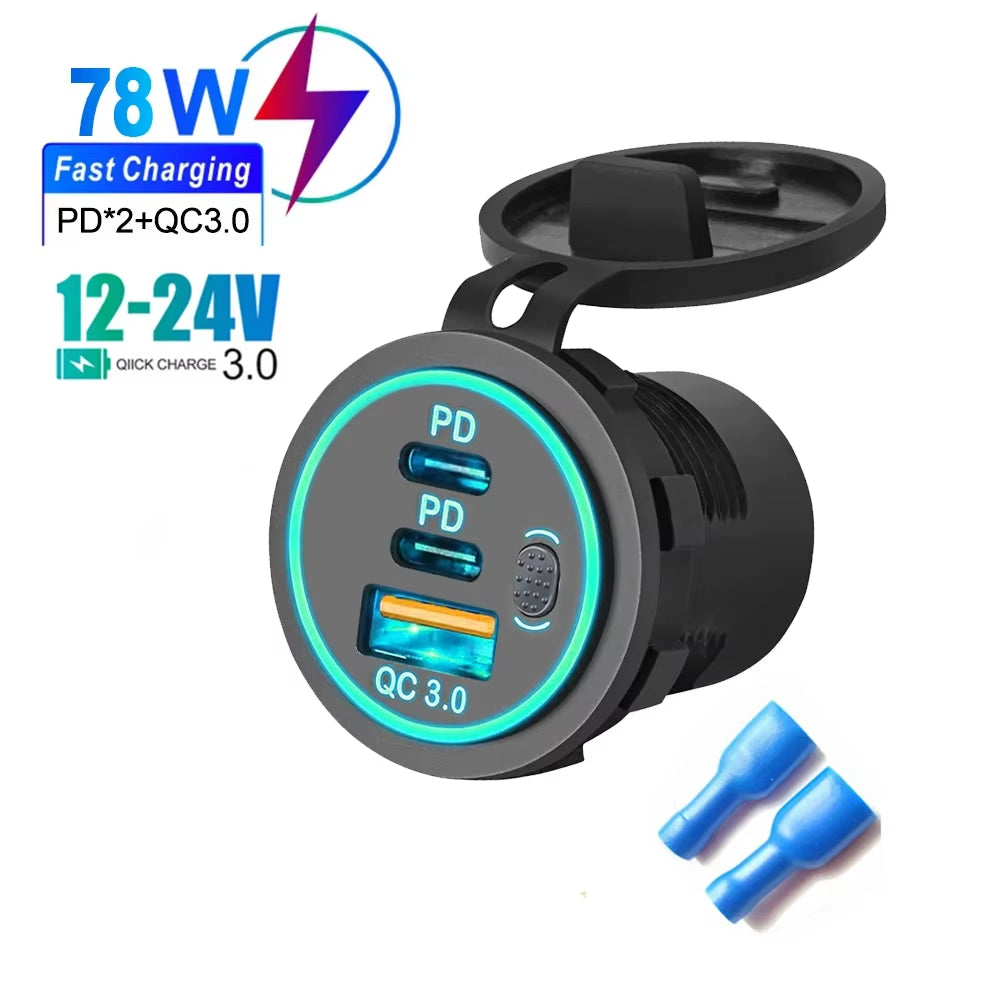 78W Dual PD QC3.0 Car Charger Socket Accessory Waterproof Quick Charge 3.0 Socket Power Outlet for 12V/24V Motorcycle Truck Boat