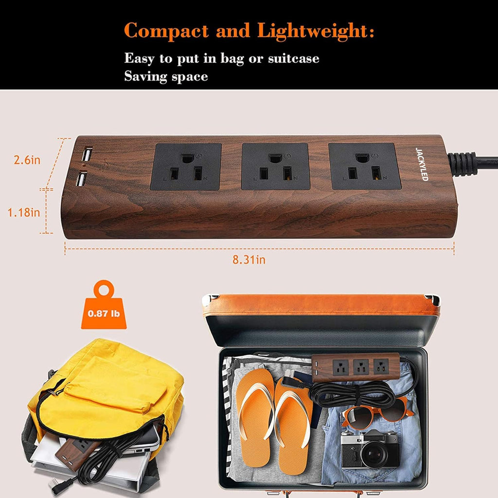 10Ft Extension Cord with USB Ports,  Flat Plug Brown Power Strip Surge Protector 3 Widely Spaced Outlets, Electrical Outlet Extender, Desktop Charging Station, Walnut Wood Grain