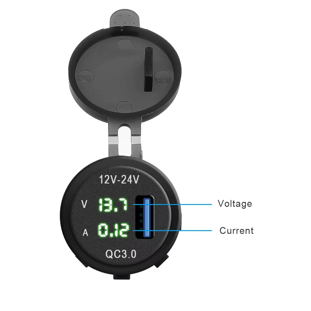 QC3.0 Car Charger Socket with Voltmeter Ammeter 12V/24V Waterproof Quick Charge Power Outlet Socket for Motorcycle Marine Boat