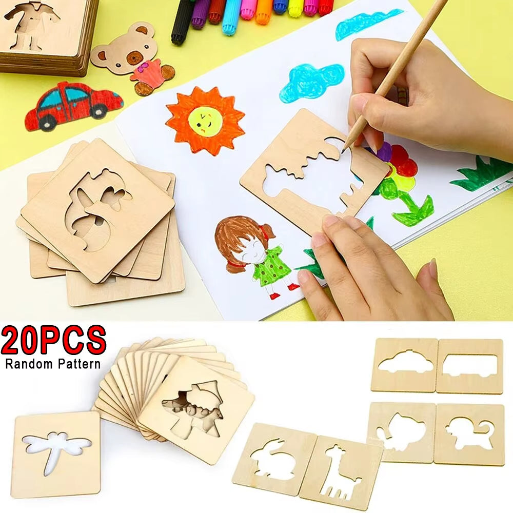 20Pcs Montessori Kids Toys Drawing Toys Wooden DIY Painting Template Stencils Learning Educational Toys for Children Gift