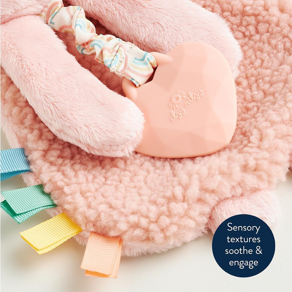 - Itzy Lovey Including Teether - Baby Lovey with Teether, Textured Ribbons & Dangle Arms - Features Crinkle Sound, Sherpa Fabric and Minky Plush (Pink Bunny)