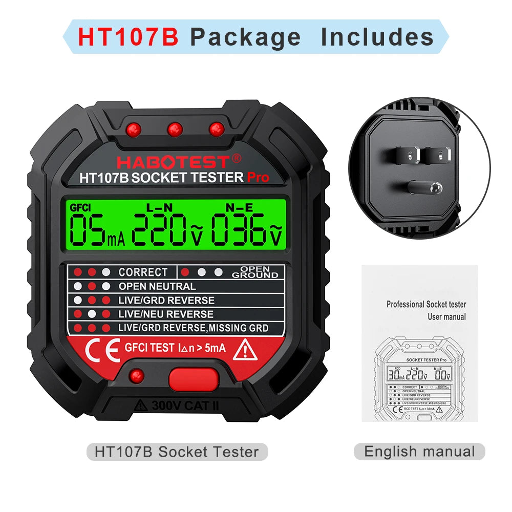 HT107 Pro Socket Tester Voltage Digital Outlet Test Socket Detector EU Plug Ground Zero Line Plug Polarity Phase Check