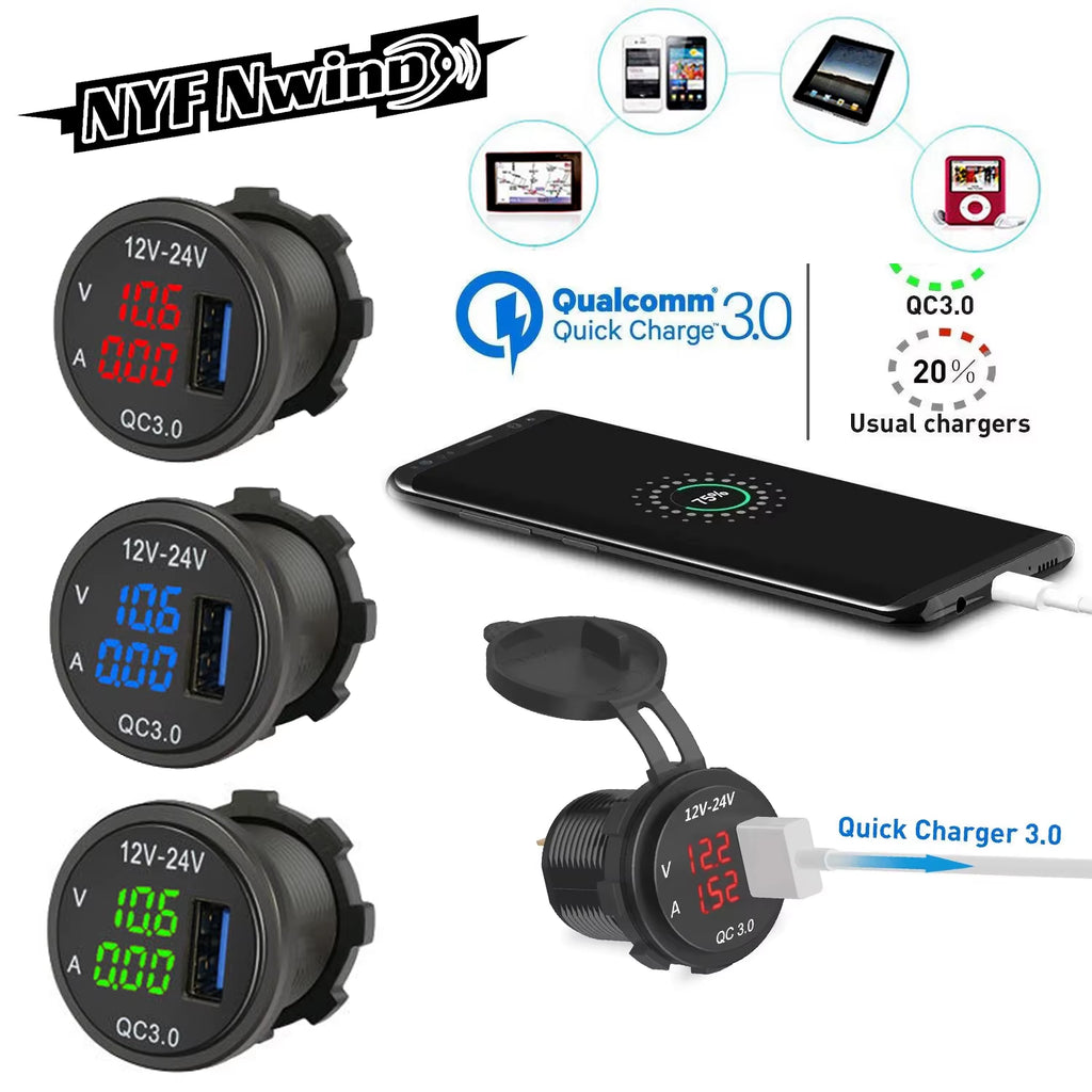 QC3.0 Car Charger Socket with Voltmeter Ammeter 12V/24V Waterproof Quick Charge Power Outlet Socket for Motorcycle Marine Boat