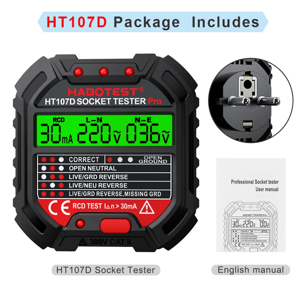 HT107 Pro Socket Tester Voltage Digital Outlet Test Socket Detector EU Plug Ground Zero Line Plug Polarity Phase Check