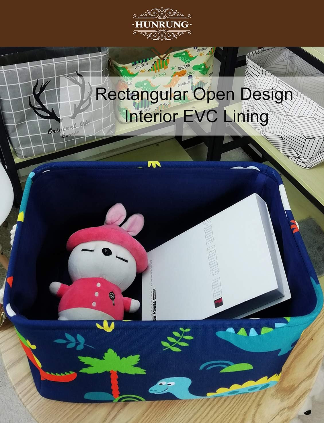 Rectangle Storage Basket Cute Canvas Organizer Bin for Pet/Children Toys, Books, Clothes Perfect for Rooms/Playroom(Rec-Thick-Blue Forest Dinosaur XL)