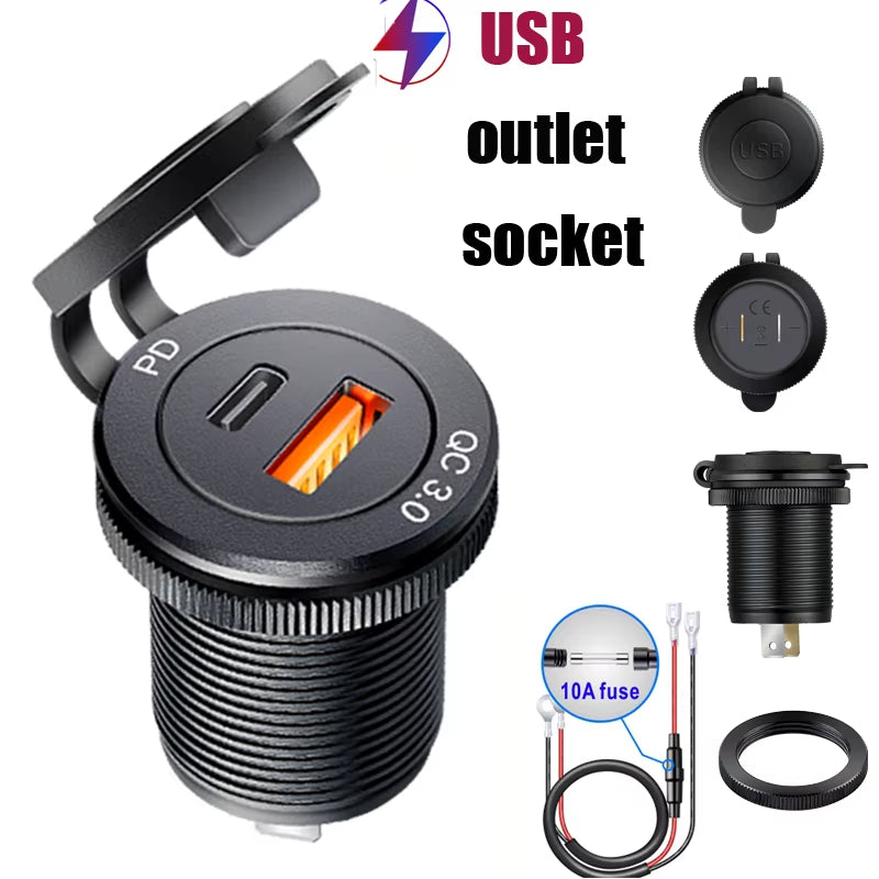 Usb Socket in the Car Quick Charge PD 3.0 Car Charger 60W Outlet Socket for 12V 24V Motorcycle Boat Marine Truck ATV