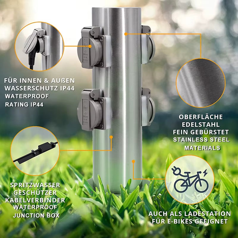 Outdoor Garden Socket 4-Way EU Sockets Waterproof Energy Column Multi-Socket Spike for Garden Décor Lawn Mower Electrical Outlet