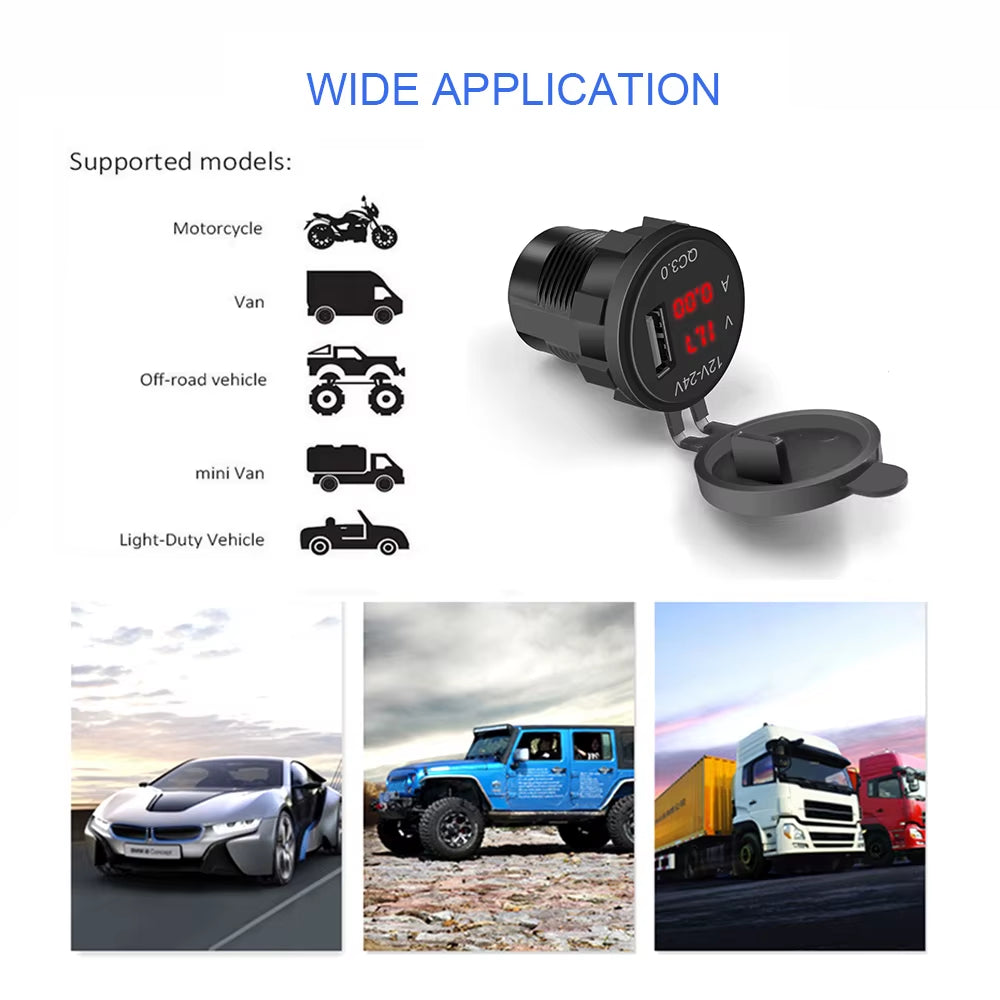 QC3.0 Car Charger Socket with Voltmeter Ammeter 12V/24V Waterproof Quick Charge Power Outlet Socket for Motorcycle Marine Boat