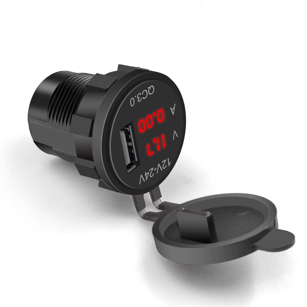 QC3.0 Car Charger Socket with Voltmeter Ammeter 12V/24V Waterproof Quick Charge Power Outlet Socket for Motorcycle Marine Boat