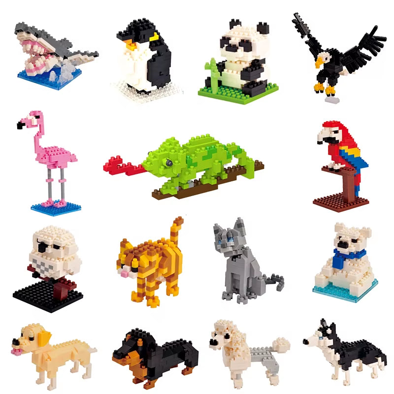 Kids Toy Mini Building Blocks Micro Bricks Eagle Moose Dog Cat Bird Animals 3D Model Bag Gifts Educational Toys for Children