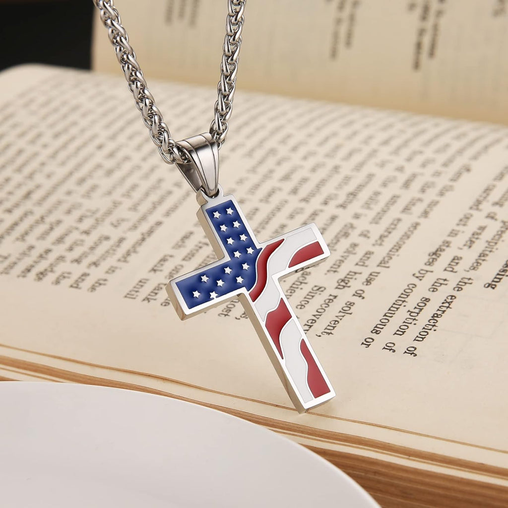American Flag Patriotic Cross Religious Jewelry Pendant Necklace