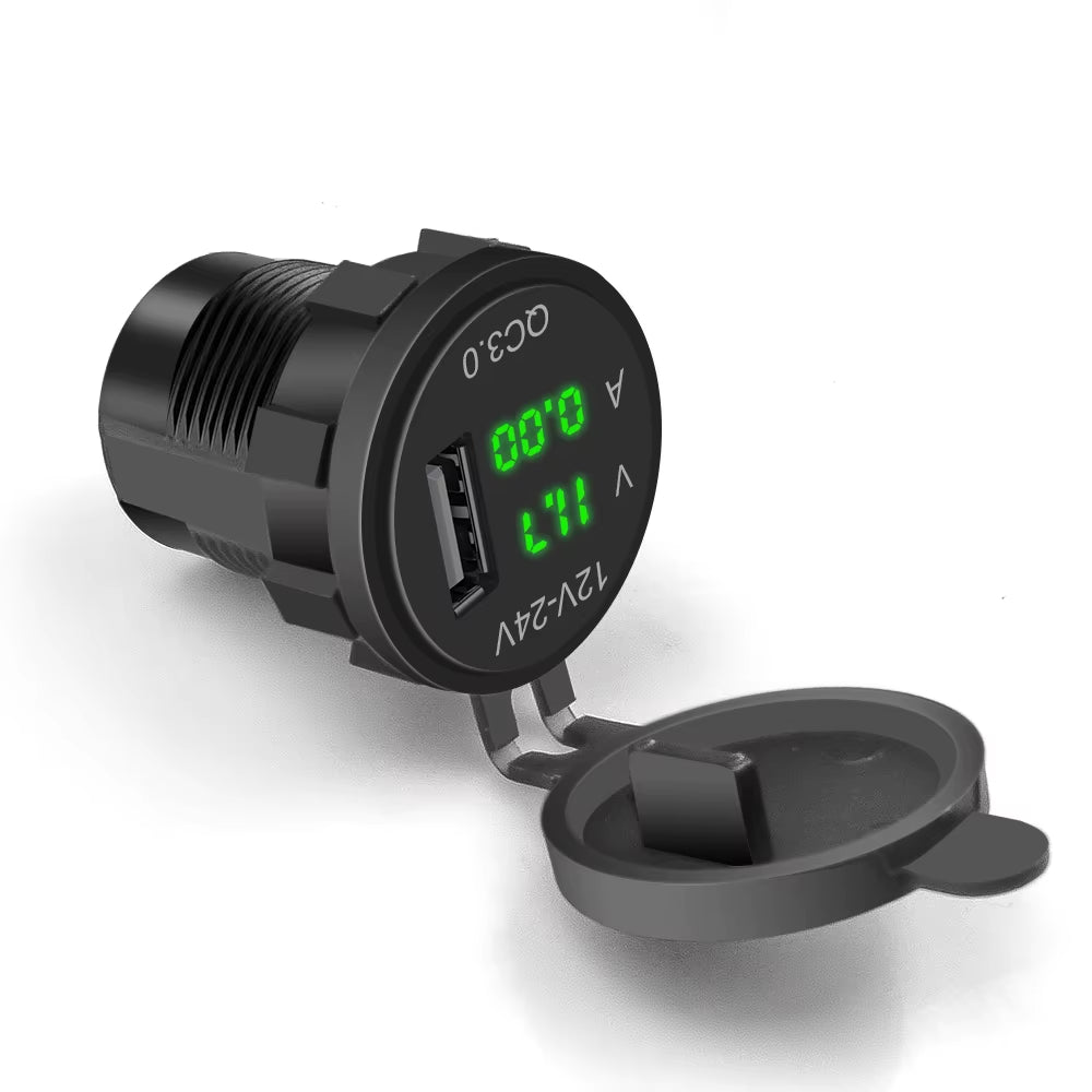 QC3.0 Car Charger Socket with Voltmeter Ammeter 12V/24V Waterproof Quick Charge Power Outlet Socket for Motorcycle Marine Boat